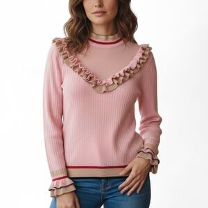 Moelleux Pink Ruffle Long Sleeve Ribbed Knit Sweater Women’s Large Metal…